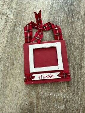 #1 Teacher Red and White Photo Frame Ornament